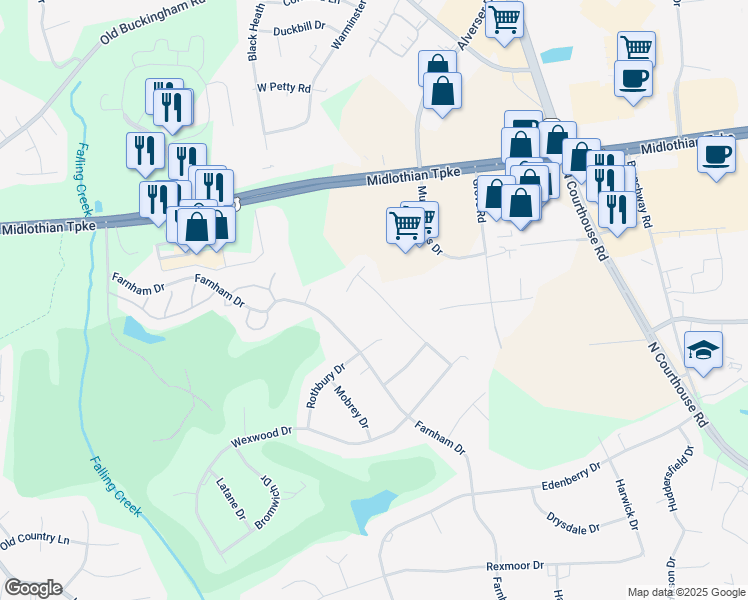 map of restaurants, bars, coffee shops, grocery stores, and more near 730 Blakeston Drive in Richmond