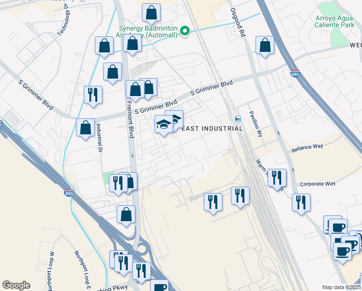 map of restaurants, bars, coffee shops, grocery stores, and more near 45300 Fremont Boulevard in Fremont