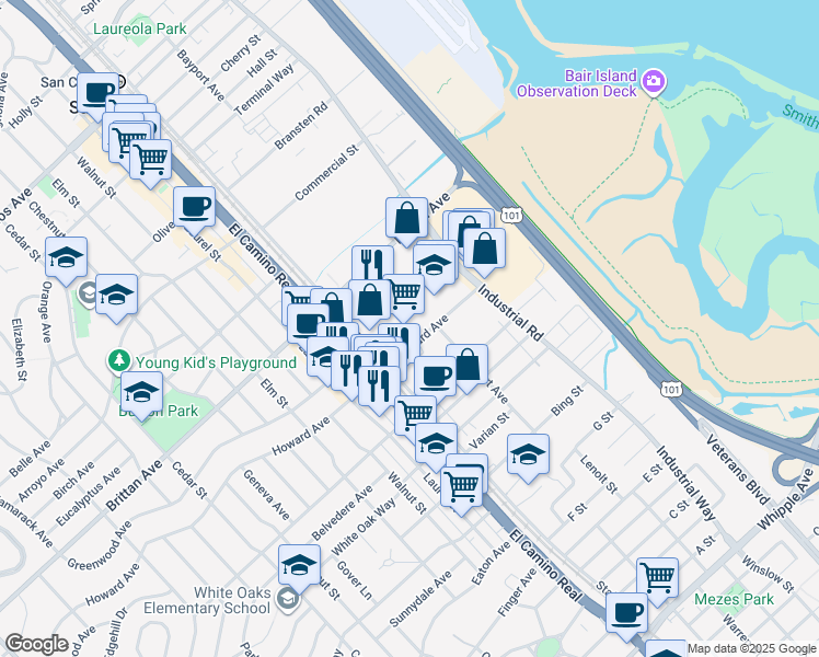 map of restaurants, bars, coffee shops, grocery stores, and more near 1133 Old County Road in San Carlos