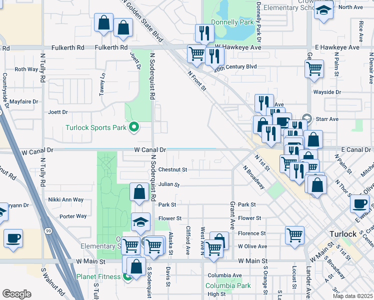 map of restaurants, bars, coffee shops, grocery stores, and more near 944 West Canal Drive in Turlock