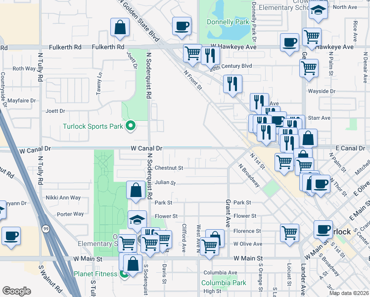 map of restaurants, bars, coffee shops, grocery stores, and more near 934 West Canal Drive in Turlock