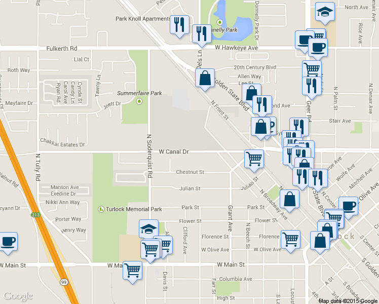 map of restaurants, bars, coffee shops, grocery stores, and more near 914 West Canal Drive in Turlock