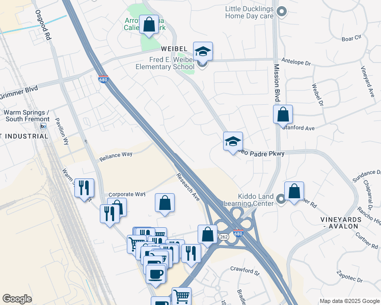 map of restaurants, bars, coffee shops, grocery stores, and more near 45640 Parkmeadow Court in Fremont