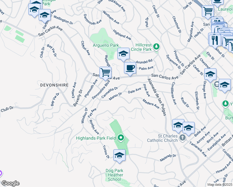 map of restaurants, bars, coffee shops, grocery stores, and more near 200 Manor Drive in San Carlos