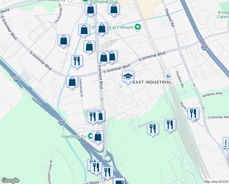 map of restaurants, bars, coffee shops, grocery stores, and more near 3819 Improvement Terrace in Fremont