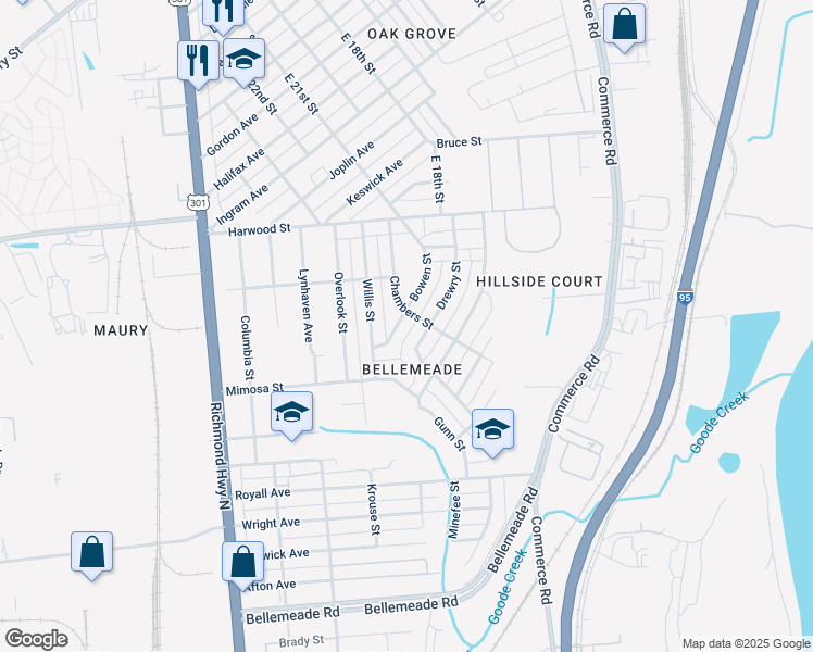 map of restaurants, bars, coffee shops, grocery stores, and more near 1504 Bowen Street in Richmond