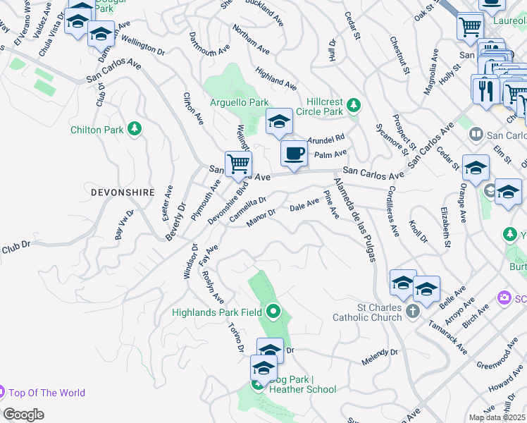 map of restaurants, bars, coffee shops, grocery stores, and more near 200 Manor Drive in San Carlos