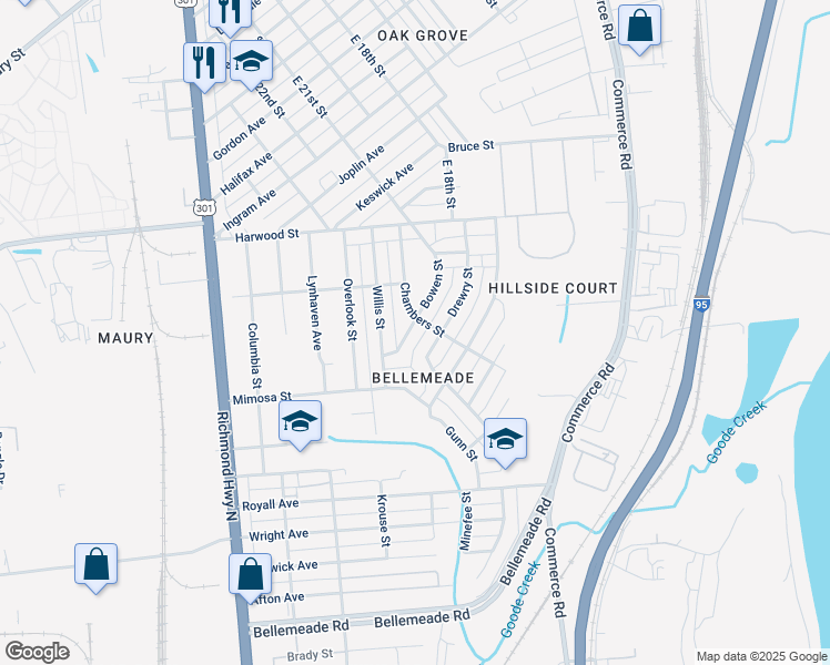 map of restaurants, bars, coffee shops, grocery stores, and more near 1504 Bowen Street in Richmond