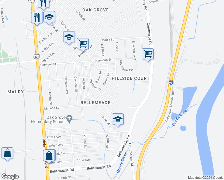 map of restaurants, bars, coffee shops, grocery stores, and more near 1430 Minefee Street in Richmond