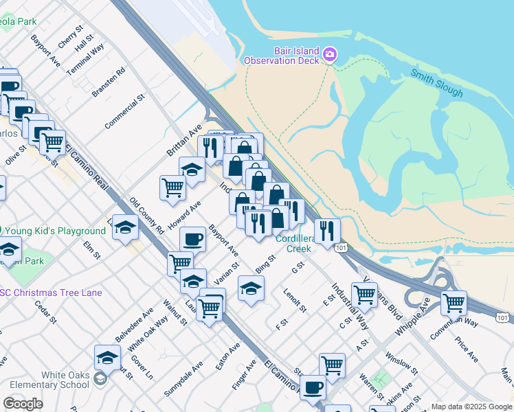 map of restaurants, bars, coffee shops, grocery stores, and more near 1500-1598 Industrial Rd in San Carlos