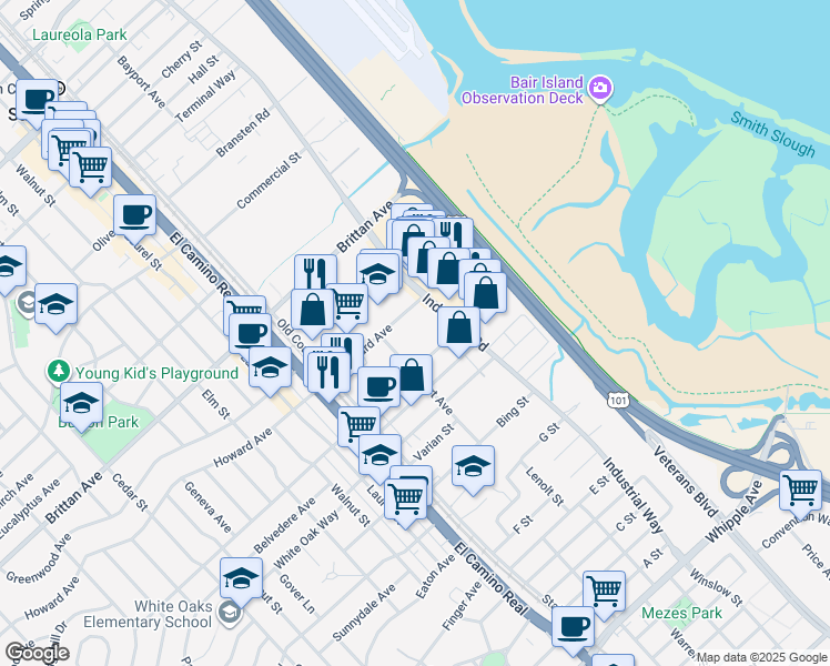 map of restaurants, bars, coffee shops, grocery stores, and more near 3 Bayport Avenue in San Carlos