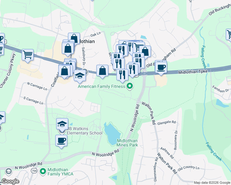 map of restaurants, bars, coffee shops, grocery stores, and more near 120 Walton Park Road in Midlothian