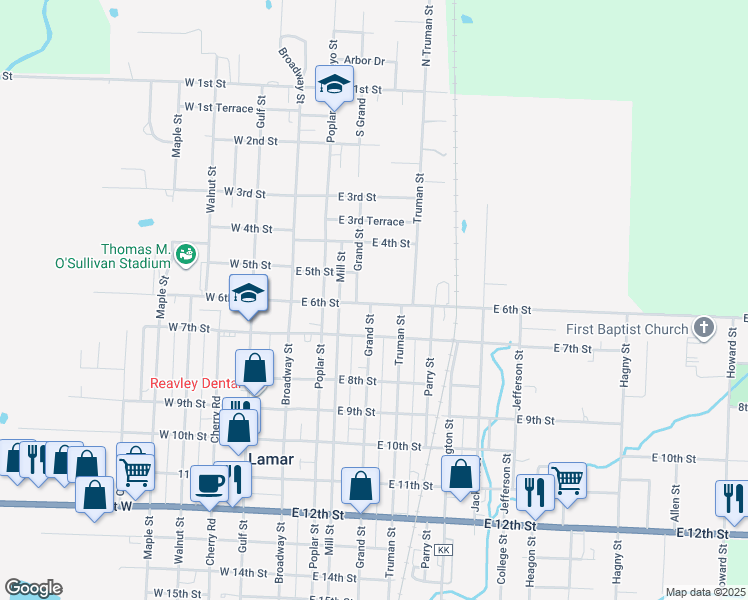 map of restaurants, bars, coffee shops, grocery stores, and more near 600-698 Grand St in Lamar