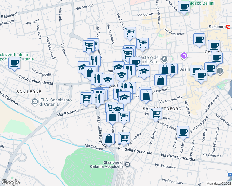 map of restaurants, bars, coffee shops, grocery stores, and more near 17 Via Giuseppe Garibaldi in Catania