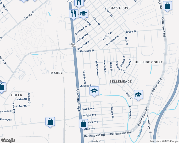 map of restaurants, bars, coffee shops, grocery stores, and more near 1415 Enfield Avenue in Richmond