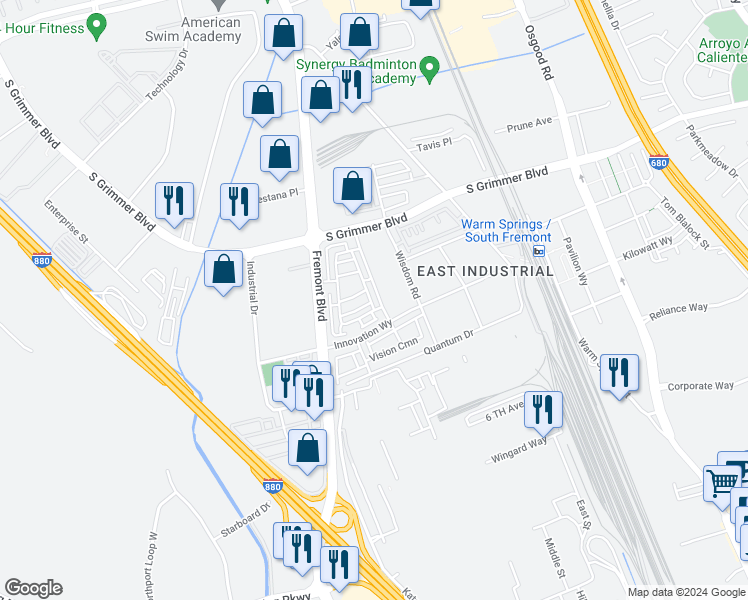 map of restaurants, bars, coffee shops, grocery stores, and more near 45138 Challenge Common in Fremont