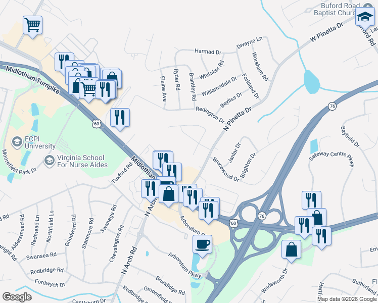 map of restaurants, bars, coffee shops, grocery stores, and more near 201 Sheffey Lane in Richmond
