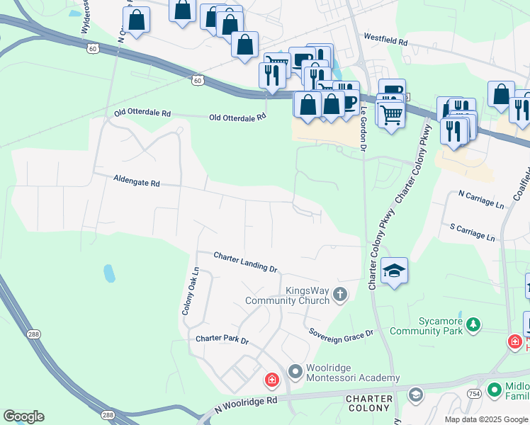 map of restaurants, bars, coffee shops, grocery stores, and more near 408 Aldengate Terrace in Midlothian