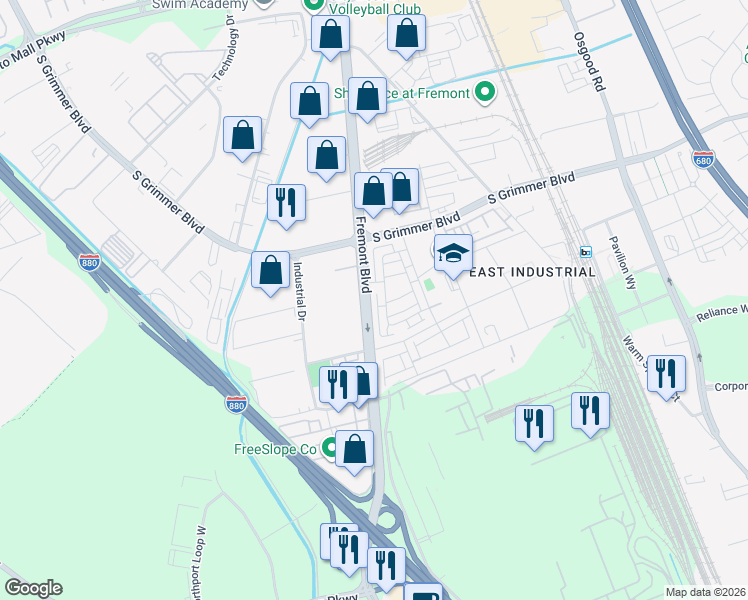 map of restaurants, bars, coffee shops, grocery stores, and more near 44938 Fremont Boulevard in Fremont