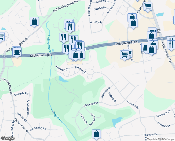 map of restaurants, bars, coffee shops, grocery stores, and more near 11919 Ashington Way in Richmond