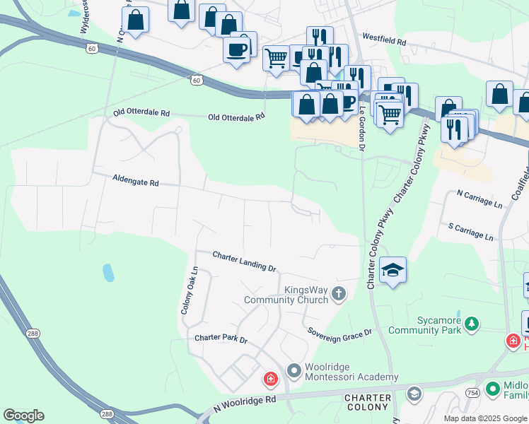 map of restaurants, bars, coffee shops, grocery stores, and more near 408 Aldengate Terrace in Midlothian