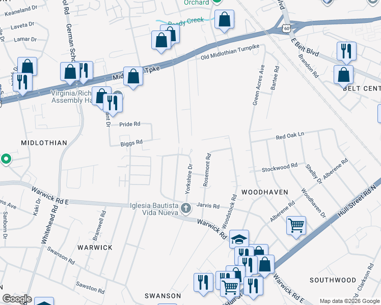 map of restaurants, bars, coffee shops, grocery stores, and more near Cavalier Circle in Richmond
