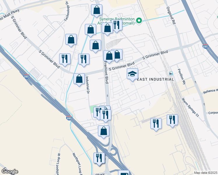 map of restaurants, bars, coffee shops, grocery stores, and more near 44938 Fremont Boulevard in Fremont