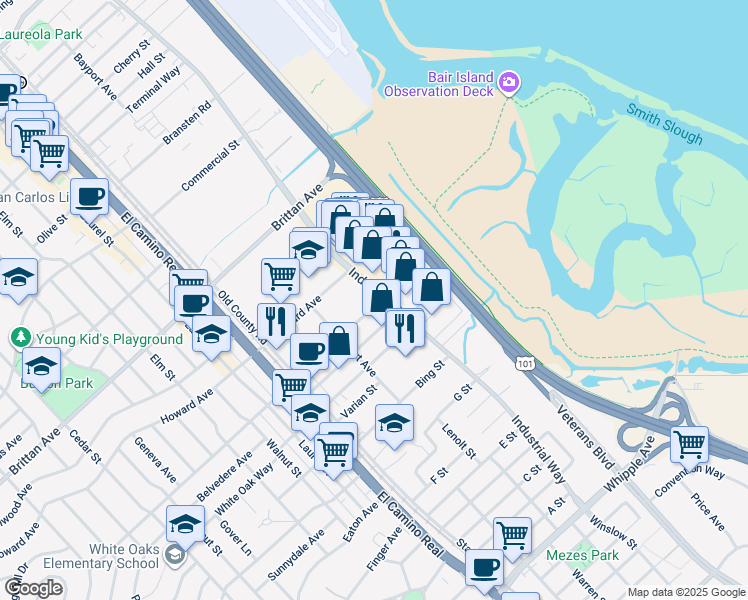 map of restaurants, bars, coffee shops, grocery stores, and more near 909 American Street in San Carlos