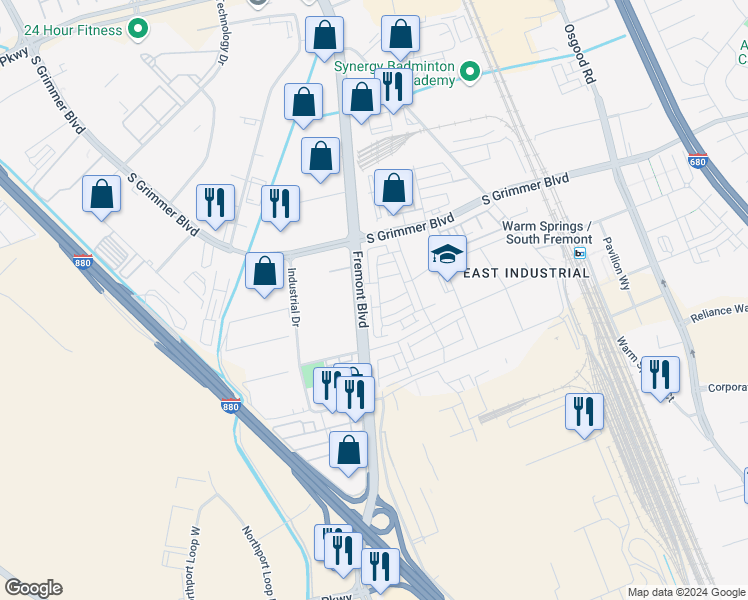 map of restaurants, bars, coffee shops, grocery stores, and more near in Fremont
