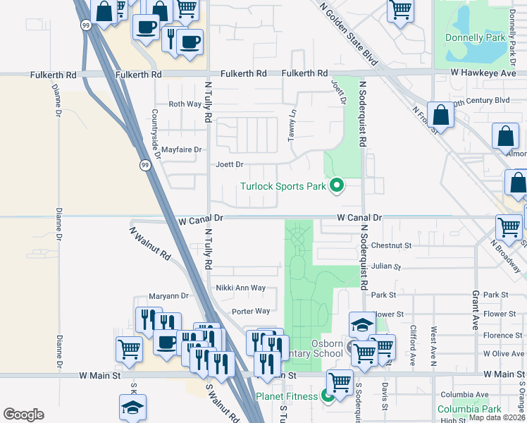 map of restaurants, bars, coffee shops, grocery stores, and more near 1780 Chakkar Estates Drive in Turlock