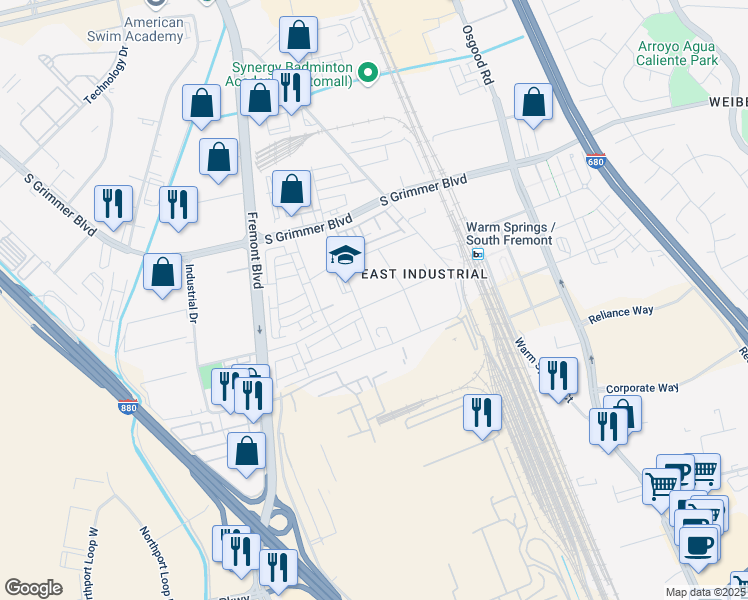 map of restaurants, bars, coffee shops, grocery stores, and more near 45300 Fremont Boulevard in Fremont