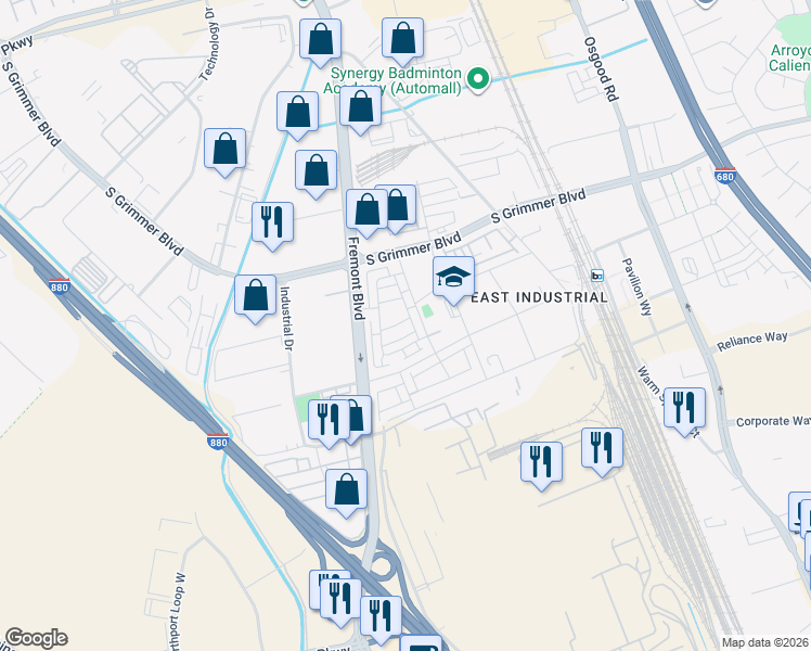 map of restaurants, bars, coffee shops, grocery stores, and more near 45138 Challenge Common in Fremont