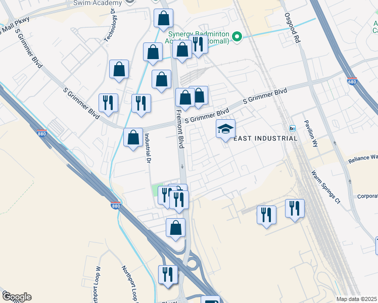 map of restaurants, bars, coffee shops, grocery stores, and more near in Fremont