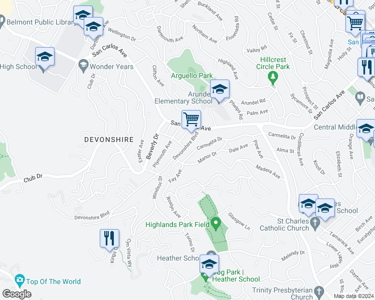 map of restaurants, bars, coffee shops, grocery stores, and more near 2285 Carmelita Drive in San Carlos
