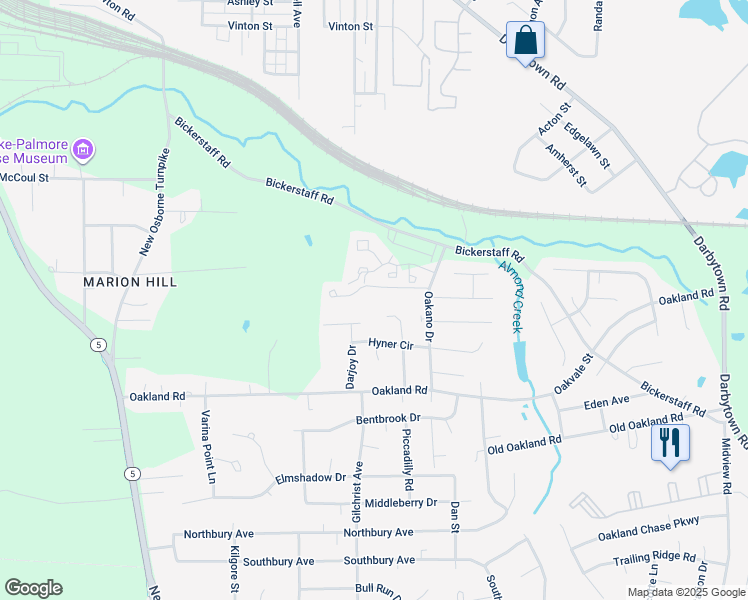 map of restaurants, bars, coffee shops, grocery stores, and more near 6102 Overland Drive in Richmond