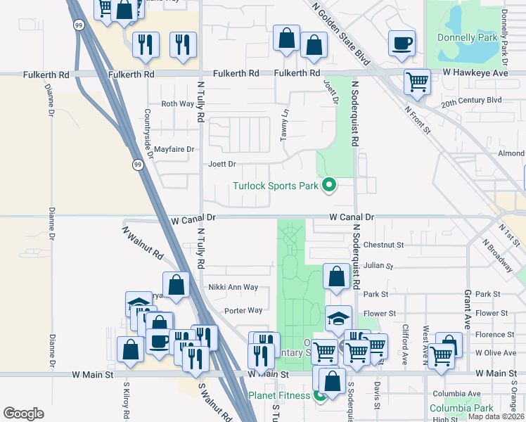 map of restaurants, bars, coffee shops, grocery stores, and more near 1780 Chakkar Estates Drive in Turlock