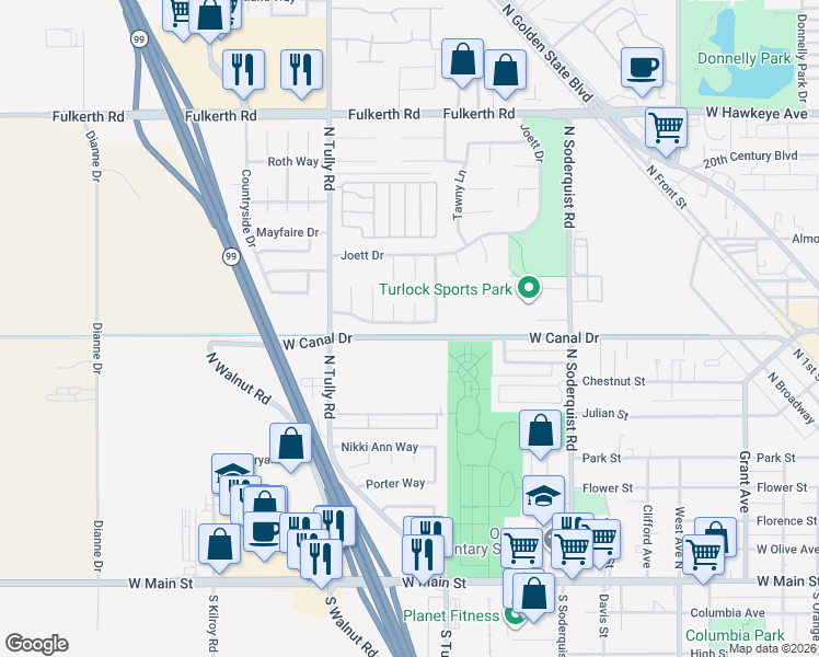 map of restaurants, bars, coffee shops, grocery stores, and more near 1780 Chakkar Estates Drive in Turlock