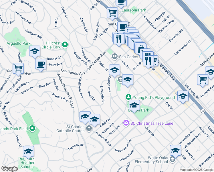map of restaurants, bars, coffee shops, grocery stores, and more near 772 Orange Avenue in San Carlos