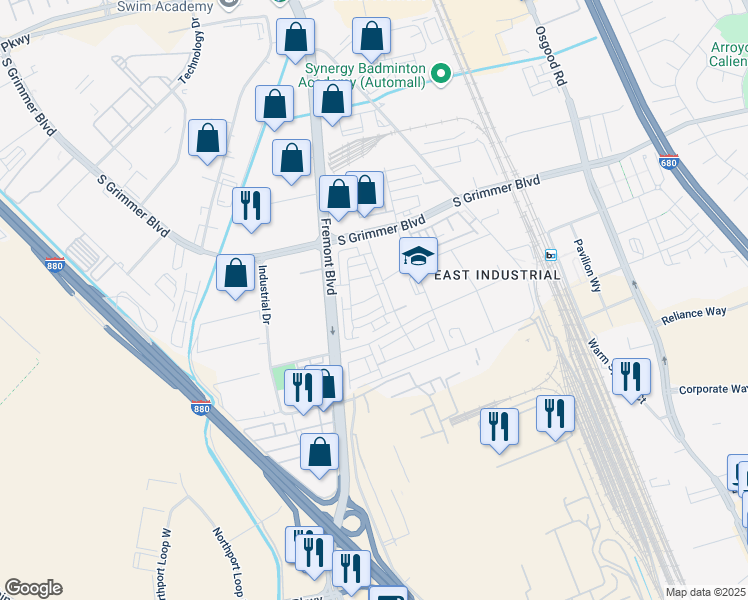 map of restaurants, bars, coffee shops, grocery stores, and more near 45138 Challenge Common in Fremont