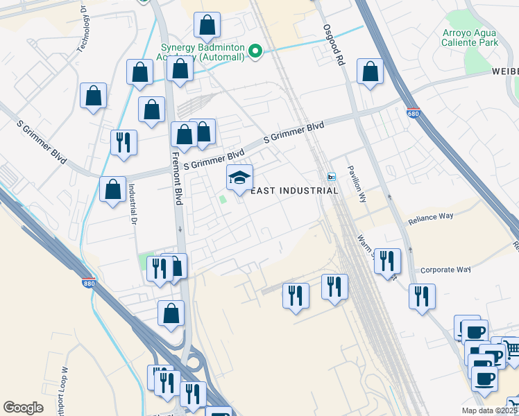 map of restaurants, bars, coffee shops, grocery stores, and more near 45300 Fremont Boulevard in Fremont
