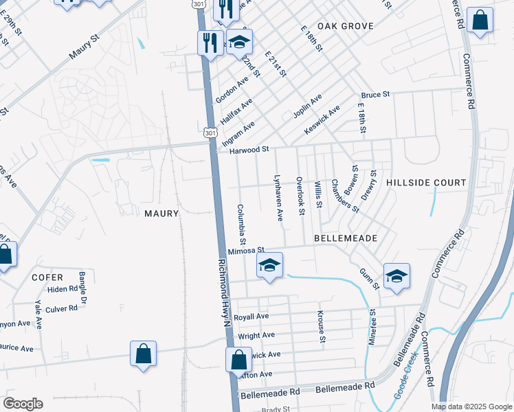 map of restaurants, bars, coffee shops, grocery stores, and more near 1415 Enfield Avenue in Richmond