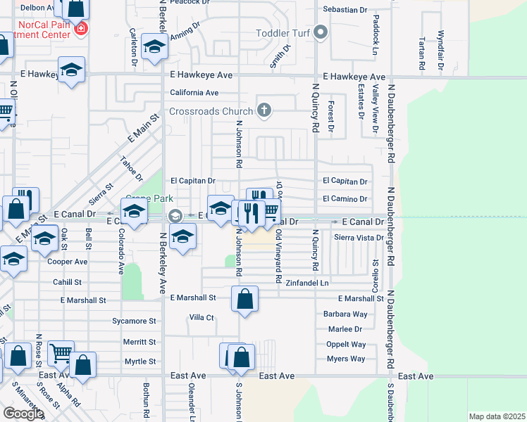 map of restaurants, bars, coffee shops, grocery stores, and more near 2082 East Canal Drive in Turlock