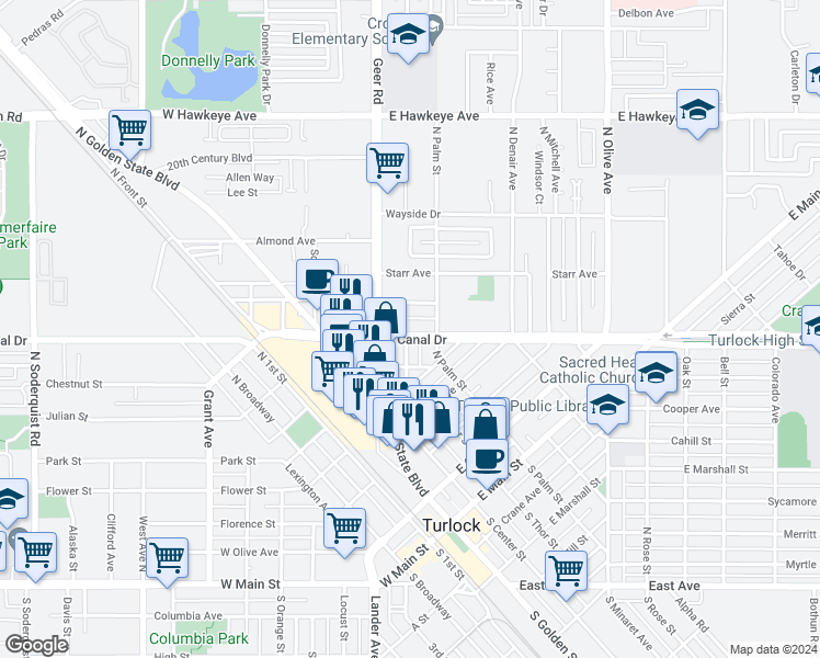map of restaurants, bars, coffee shops, grocery stores, and more near 107 East Canal Drive in Turlock