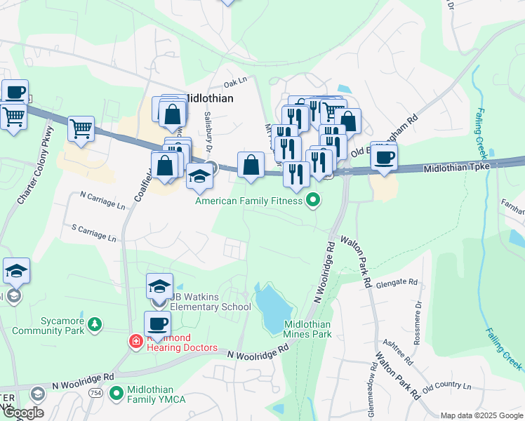 map of restaurants, bars, coffee shops, grocery stores, and more near 13471 Midlothian Turnpike in Midlothian
