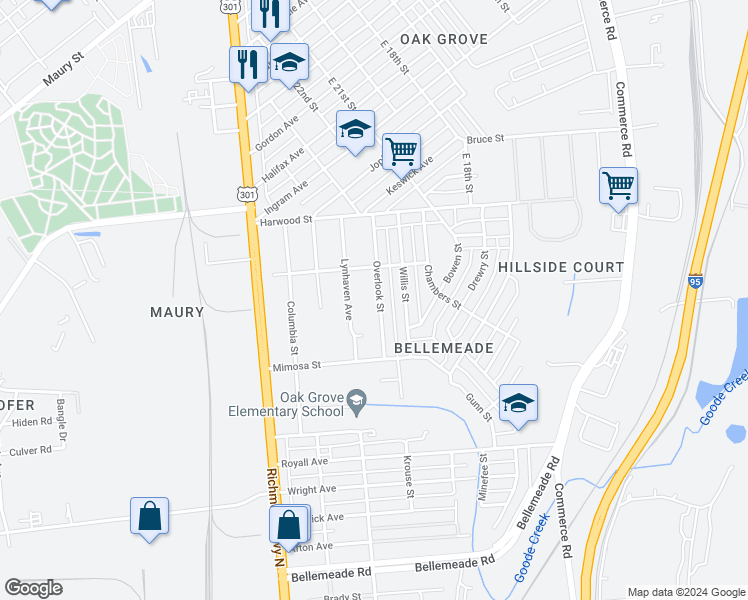 map of restaurants, bars, coffee shops, grocery stores, and more near 1415 Overlook Street in Richmond