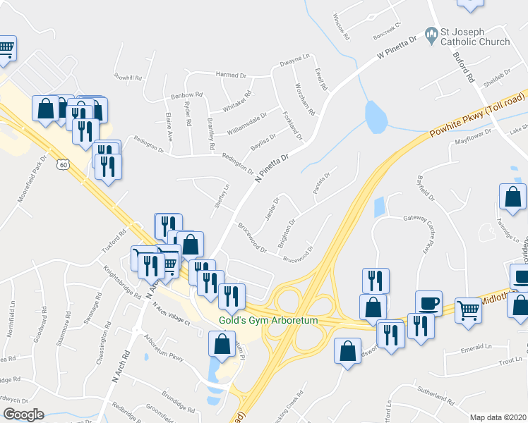 map of restaurants, bars, coffee shops, grocery stores, and more near 332 Janlar Drive in Richmond