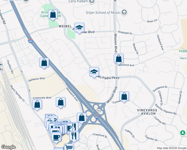 map of restaurants, bars, coffee shops, grocery stores, and more near 45847 Bridgeport Place in Fremont
