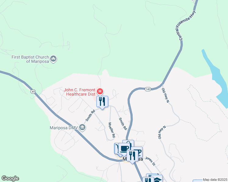 map of restaurants, bars, coffee shops, grocery stores, and more near 5069 Saint Andrews Lane in Mariposa