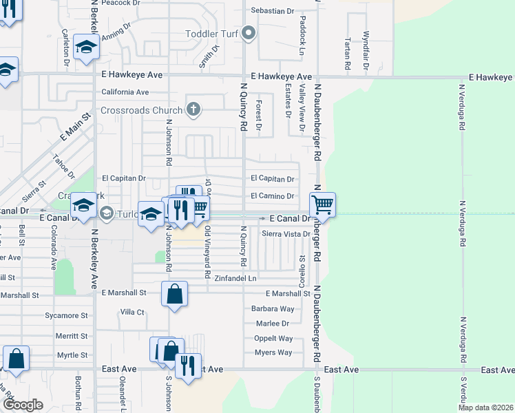 map of restaurants, bars, coffee shops, grocery stores, and more near 2500 East Canal Drive in Turlock