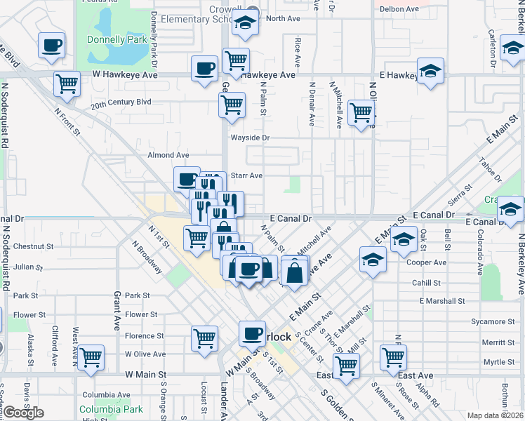 map of restaurants, bars, coffee shops, grocery stores, and more near 250 East Canal Drive in Turlock